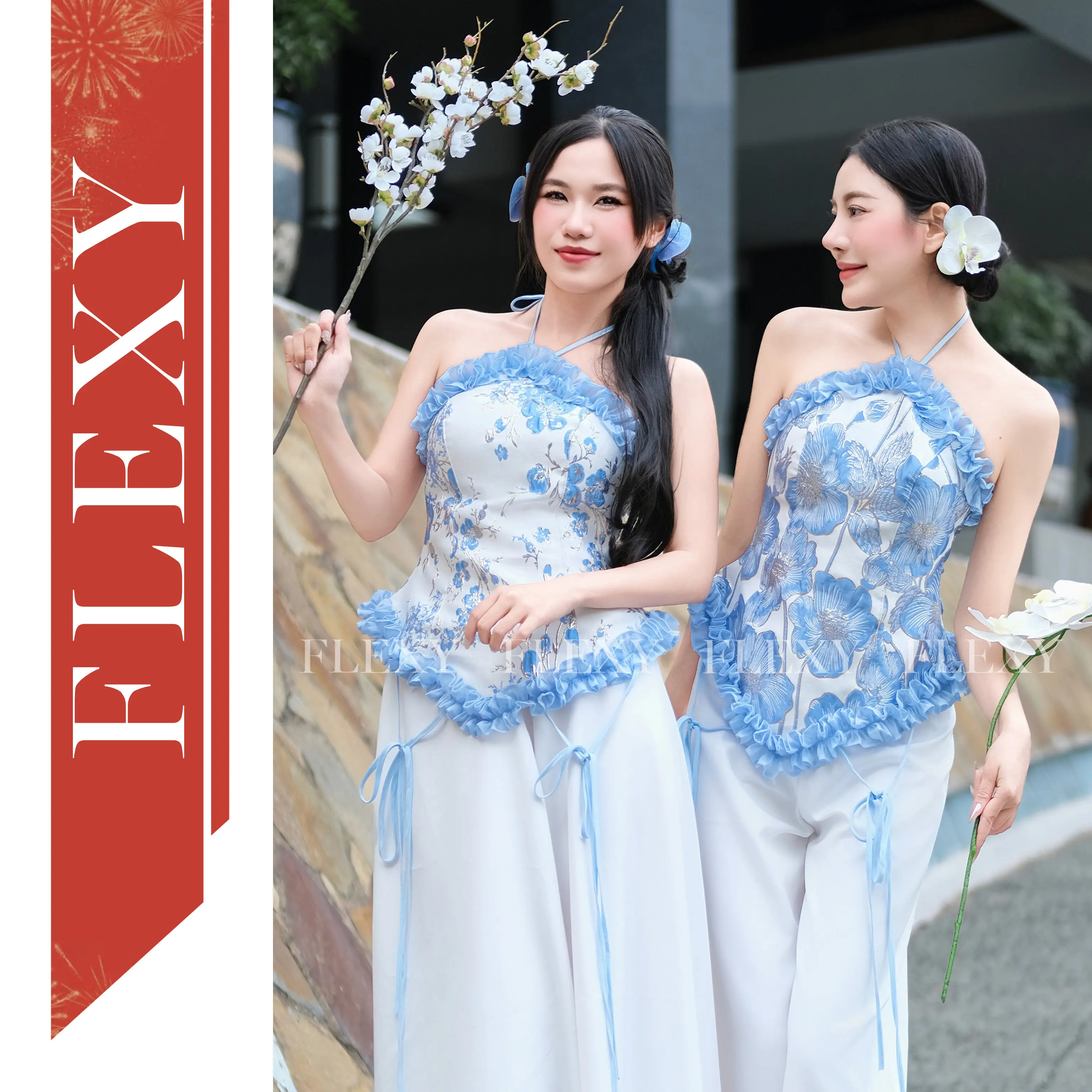 Áo yếm UYỂN CHÂU viền nhún xanh gốm cùng chân váy hoặc quần - chất liệu tafta gấm - FLEXY thiết kế