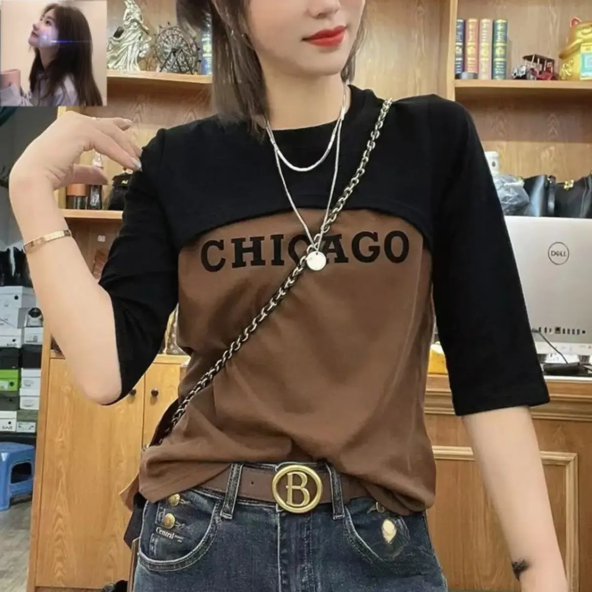 Short Sleeve T-Shirt & 150kg extra large size fat mm design stitching mid-sleeve T-shirt bottoming shirt Women's Spring Autumn new style shaping look top