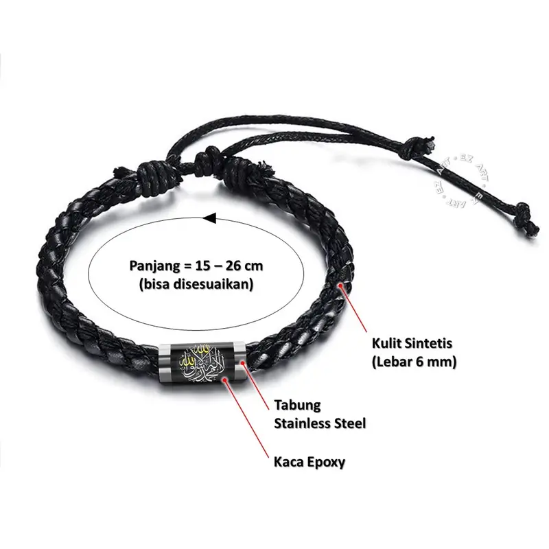 GELANG SIMPLE LAFADZ TAUHID ALLAH MUHAMMAD ISLAM MUSLIM TALI KULIT KEPANG GAMBAR KACA EPOXY TABUNG STAINLESS STEEL 8