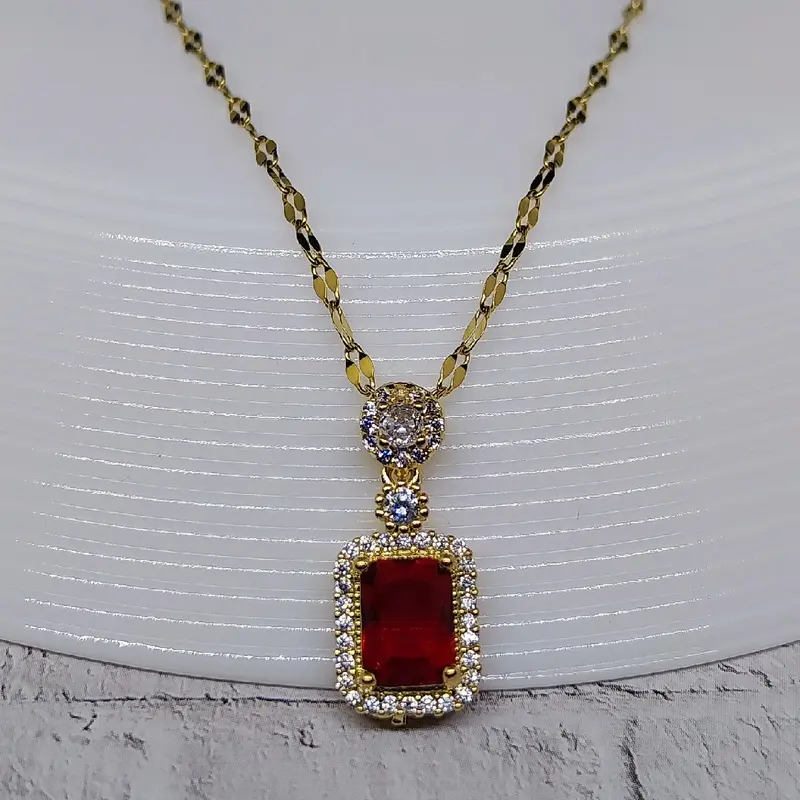 Kalung Wanita Titanium Lapis Emas Plus Liontin kotak  Hijau merah Anti Karat Gold 2