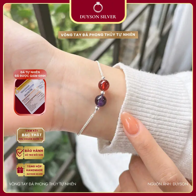 Vòng tay bạc nữ Duyson Silver mix 2 hạt Đá phong thủy Tự Nhiên, Lắc tay bạc nữ đính đá tự nhiên trợ năng lượng LTPT2 0