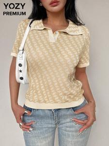 YOZY Women's Geometric Print Sweater, Casual Short Sleeve Knit Top for Summer, Fashion Women's Knitwear for Daily Wear