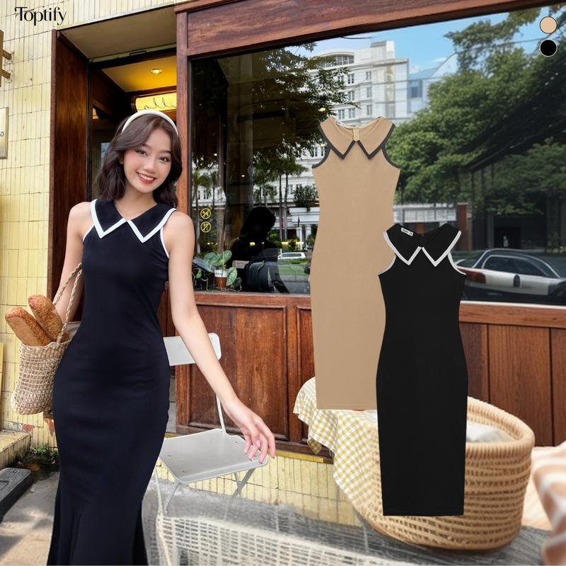 Đầm body thun form dài TOPTIFY sát nách kiểu cổ viền màu Donna Dress DT30 Nữ Màu Đen