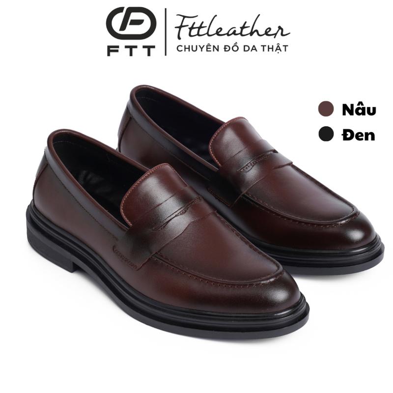 Giày lười nam penny loafer cao cấp, giày da thật Fttleather công sở trơn màu nâu, đen big size 44 45 đế cao, độn đế ẩn tăng chiều cao Đế Bằng Shoes Cao Su