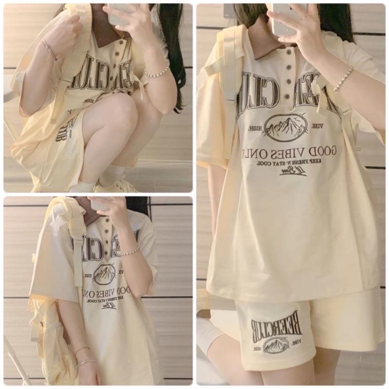 Set Đồ Bộ Polo BEER CLUB Be Quần Ống Rộng [FREESHIP] Đồ Bộ Nữ form rộng Tay Lỡ Ulzzang