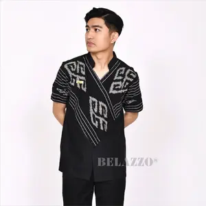 Kemeja Koko Pria - BELAZZO Kemeja Koko Hitam A Series Batik Tenun mix Katun Premium Fit Motif Kombinasi Baju Muslim Lengan Pendek