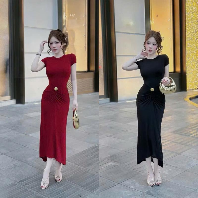 Đầm váy nữ cổ tròn tay ngắn nhún bụng dáng midi đính kèm tab - đầm mặc đi chơi đi tiệc sang chảnh, thun ladong CK07  Dress Women Đỏ 1
