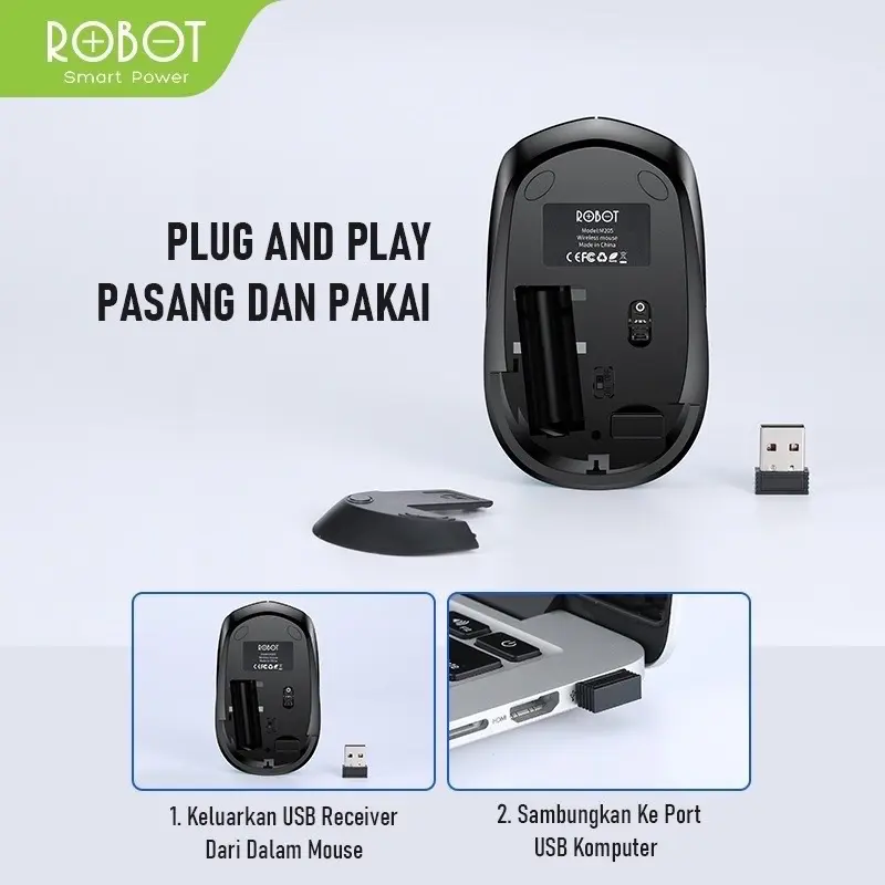 ROBOT Mouse Wireless M205 2.4G 800 - 1600DPI Receiver USB Garansi Original Resmi Black 6