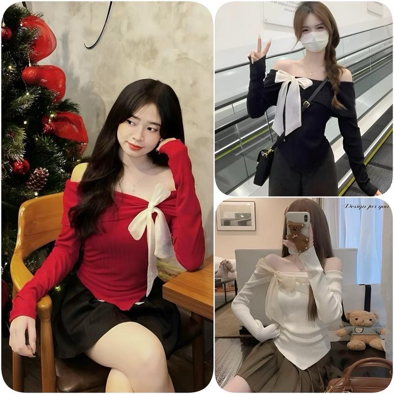 Áo Trễ Vai Vạt Nhọn Nơ Vai Nhiều Màu