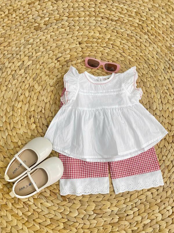 Tina.Kids-Set mùa hè áo trắng kèm quần caro đỏ phối ren cho bé gái