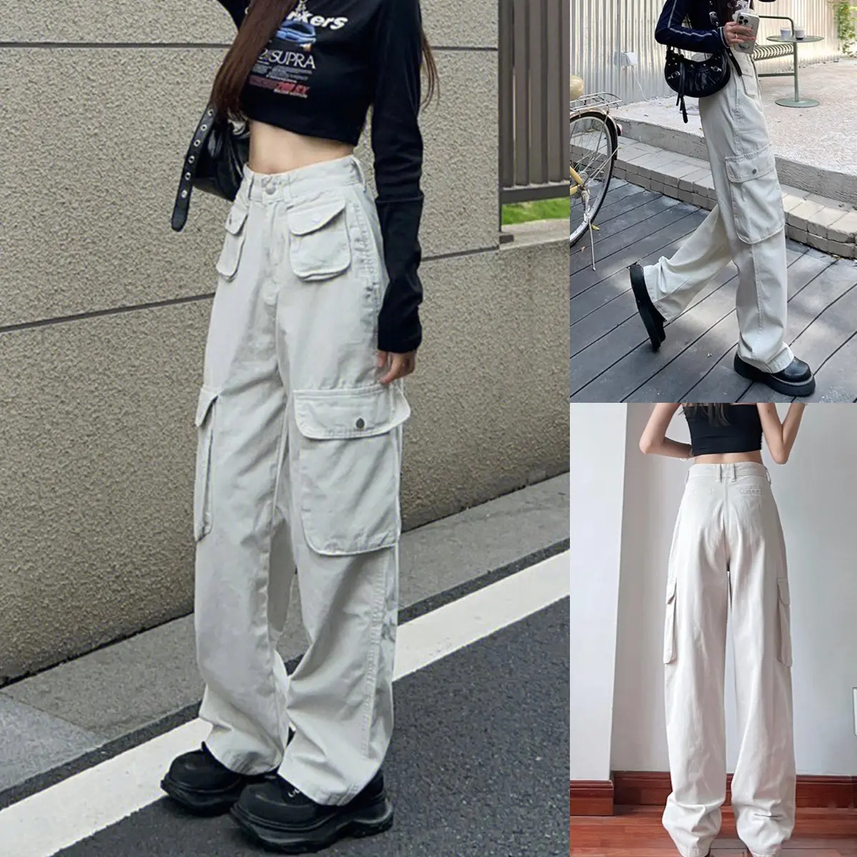 Quần ống suông dài cạp lưng cao thiết kế sáu túi cổ điển quần kaki cargo pants năng động unisex LCH