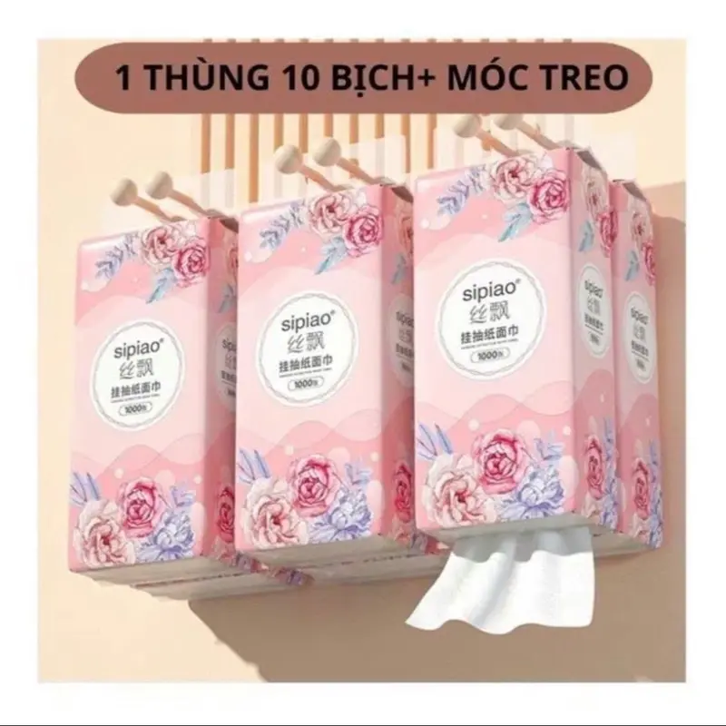 ￼ [Tặng móc treo] Combo 10 Bịch Giấy Treo Đa Năng SIPIAO Hoa Hồng, Khăn Rút Treo Trường 4 Lớp mỗi bịch 1000 Tờ Loại 1 2