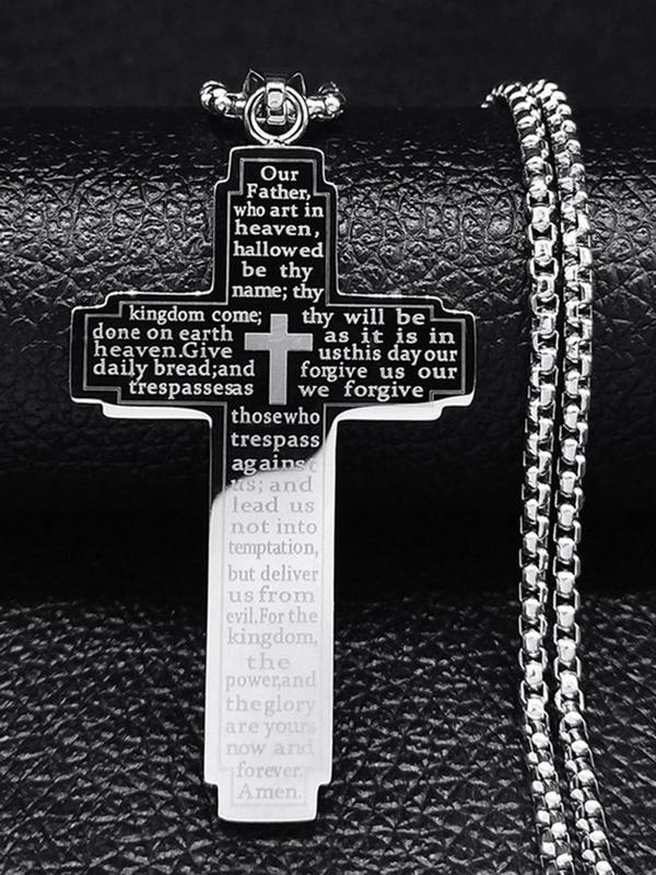 Punk Style Cross & Letter Decor Pendant Necklace, Stainless Steel Jewelry For Party, Daily Clothing Decor For Both Men & Women 0