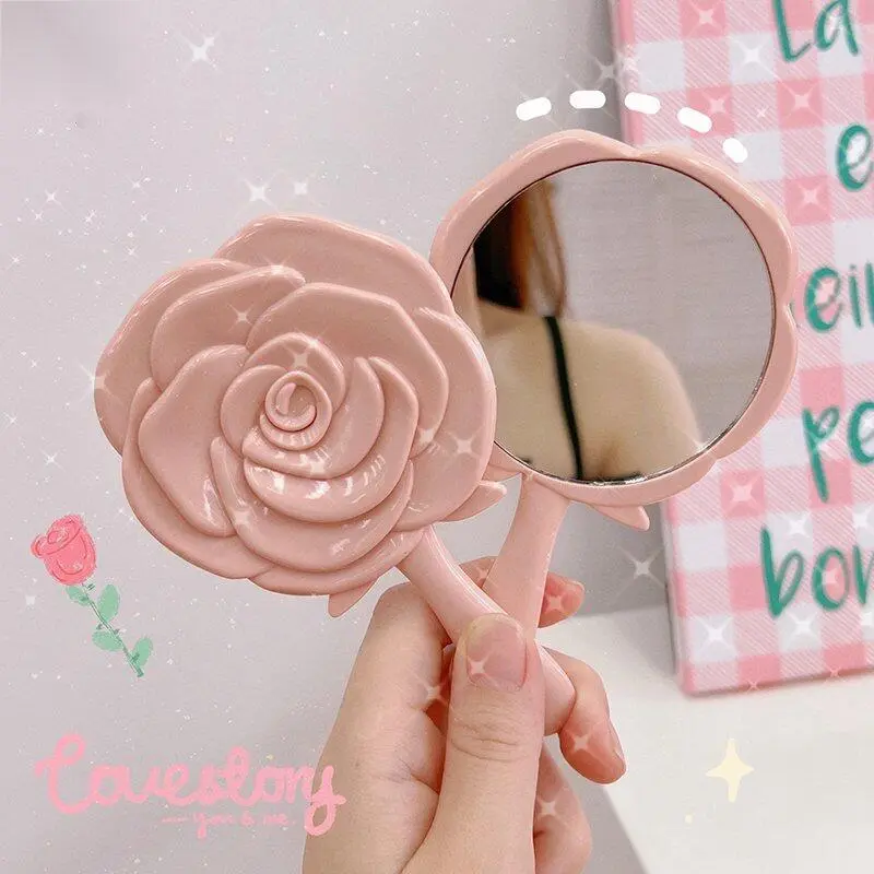 Retro Rose Blossom Small Beauty Dressing Makeup Handle Portable Mirror