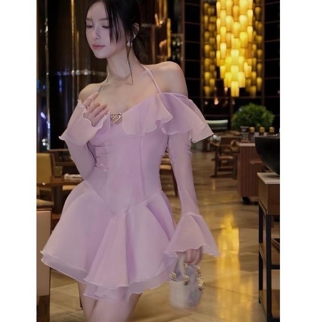 Đầm Yurin Trễ Vai Tay Dài Phối Voan Bèo Kèm Cài Áo Trái Tim (Có Bigsize) - Cow.s.house - Nữ