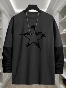 Camiseta de manga larga con estampado de estrellas para hombre, cómoda camiseta holgada informal con cuello redondo para uso diario, camiseta para hombre para todas las estaciones