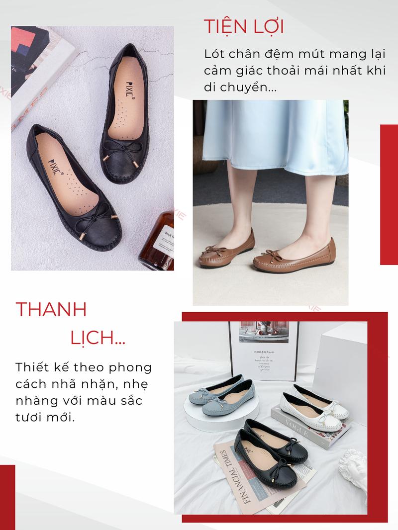 Product Introduction of Giày Búp Bê Bệt Da Thật Êm Chân Gắn Nơ Pixie X603 5
