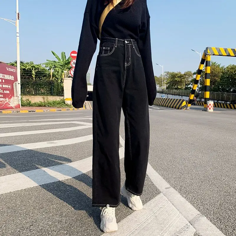 Quần Jean Ống Rộng, Màu Đen, Cạp Cao, Dáng Rộng Vừa Vặn, Bó Sát, Quần Cropped Xén, Dành Cho Nữ, Thích Hợp Cho Học Sinh, Phong Cách Hàn Quốc, Dễ Phối Đồ 3