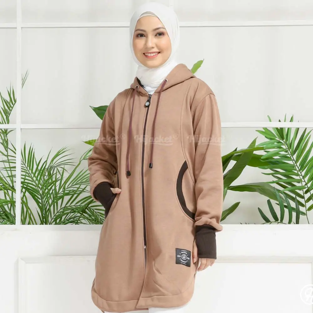 Jacket Jaket Hoodie Wanita Cewek Muslimah Hijaber Syari Panjang Fleece Lubang Jempol Terbaru Kekinian Coklat Hijaket Hijacket Original ELK Brown