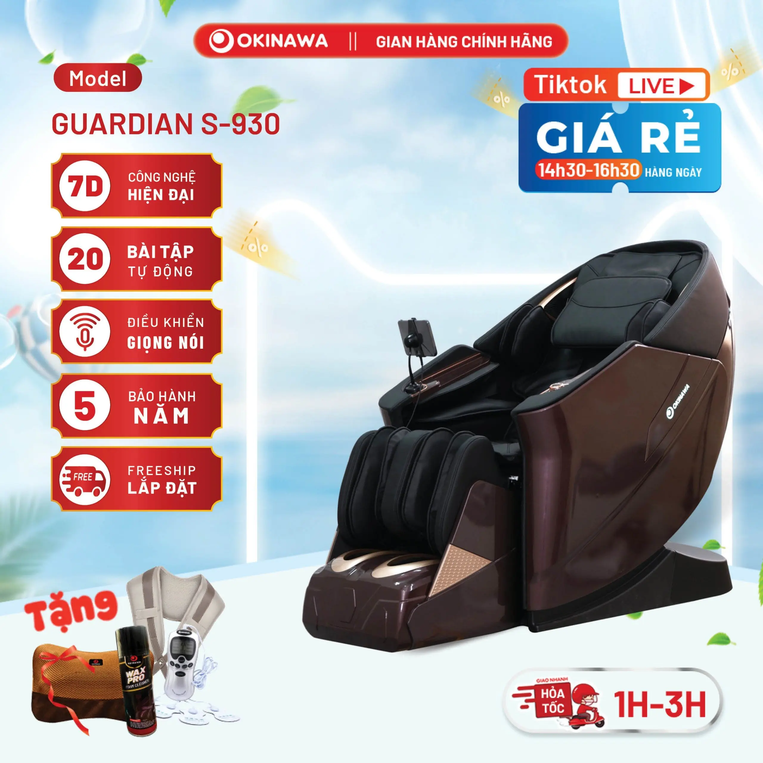Ghế massage toàn thân cao cấp Okinawa GUARDIAN S-930 công nghệ massage 7D, chế độ nhào day bắp chân 3D, con lăn di động đa chiều