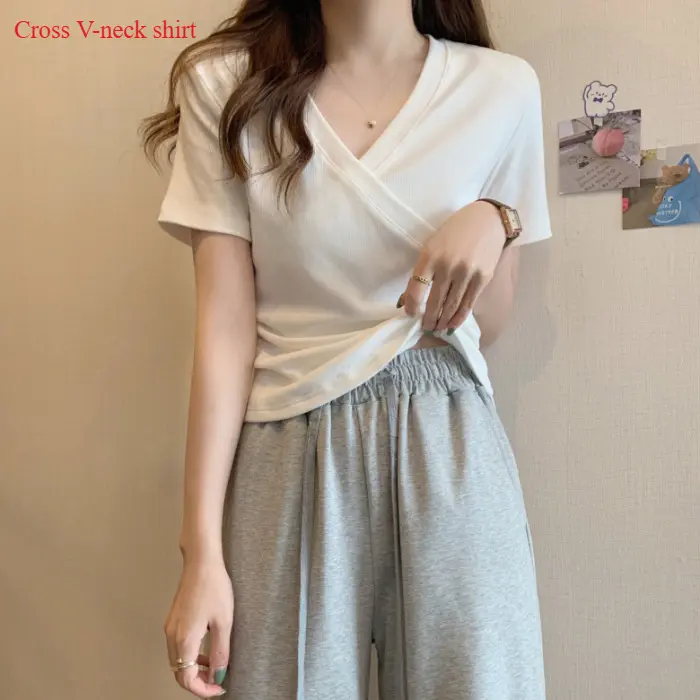 X#0918-10 Cross V-neck T-shirt for women, summer new style, design sense, short student top, short sleeved T-shirt, fashionable women's clothing Blouses Lingerie Lady Comfort Clothe Basic Minimalist Womenswear
