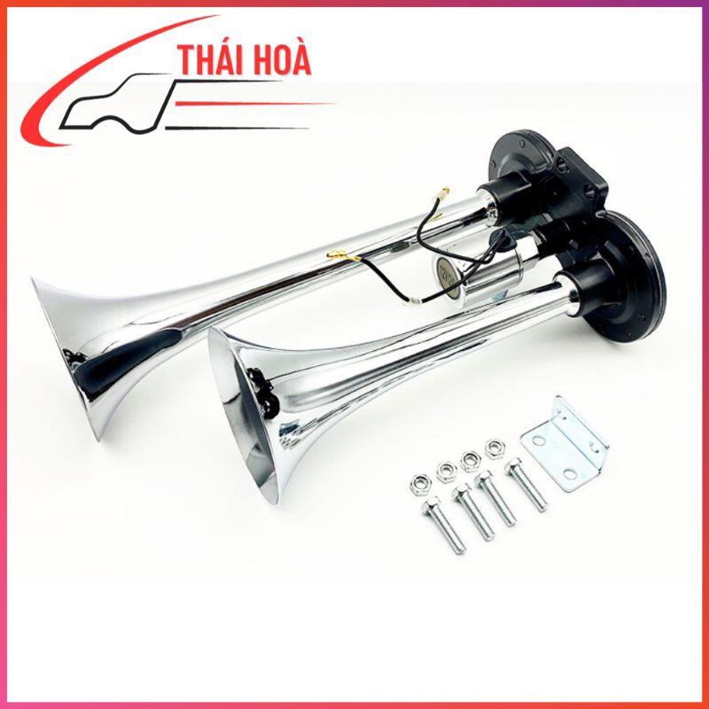 Còi hơi 2 loa inox, kèn hơi 2 loa 12v 24v, còi dùng hơi