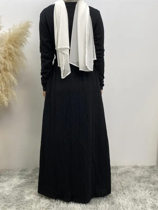 Women's Solid Long Sleeve Belted Abaya Without Hijab, Elegant Pocket Long Sleeve Open Front Outerwear, Fashion Muslim Clothing For Fall & Winter, Abaya Coat 7