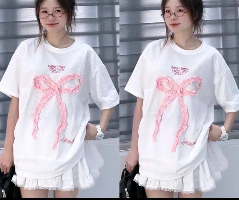 Áo cổ tròn thêu nổi nơ rúm chất cotton   form 40_65kg phong cách hàn quốc top women nữ  thun nỉ 8