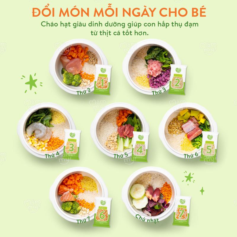 DEAL LIVE [Tặng XE ĐẨY GẤP GỌN] Combo 2 Hộp cháo gạo mix hạt  Mămmy STEP1: 7 gói x 30gr + STEP2: 7 gói x 50gr Food 6