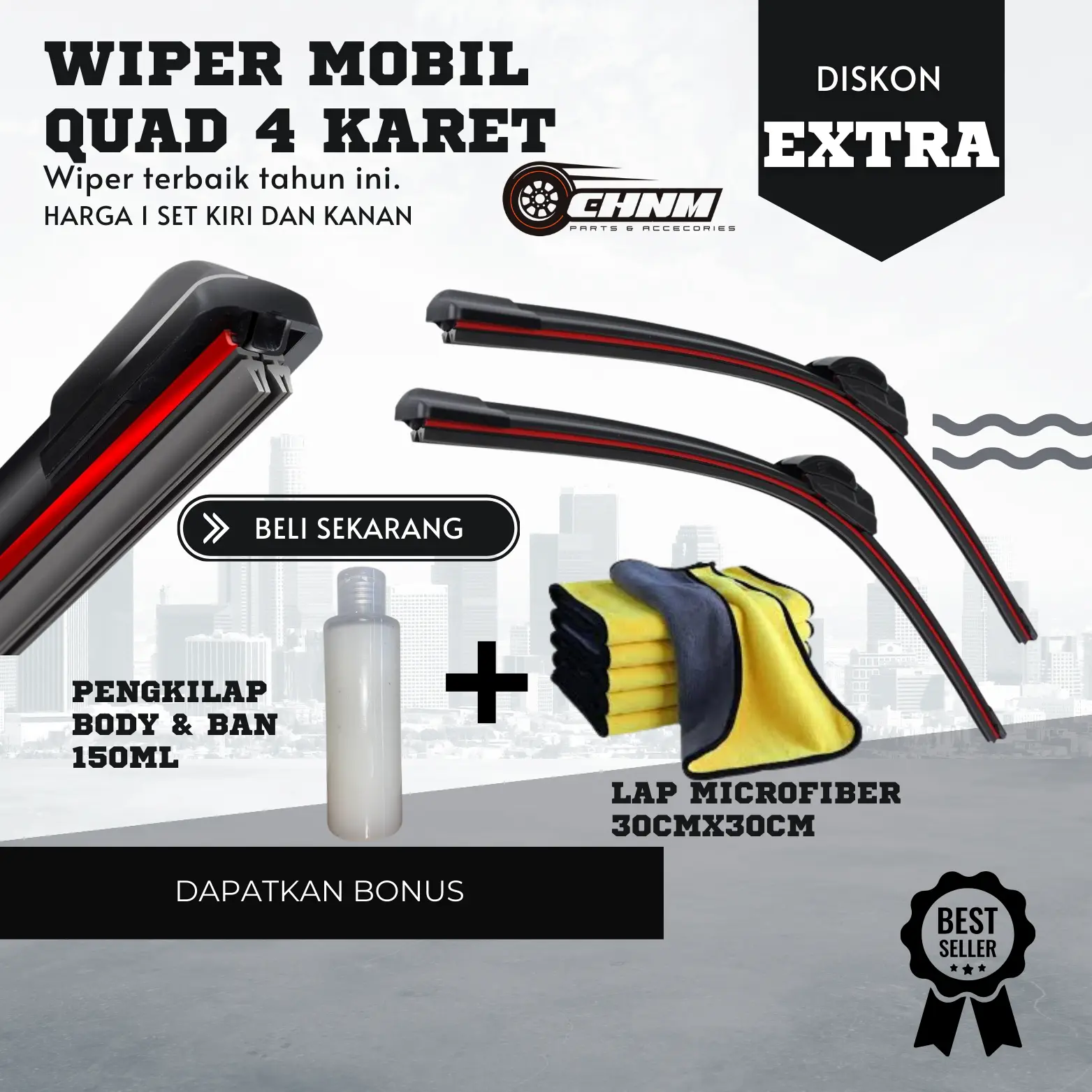 [[PAKET 2 ITEM]] Wiper Quad 4 Karet Blade Mobil 1 Set Kiri dan Kanan Bonus Pengkilap Body dan Lap Microfiber Universal Semua Jenis Mobil Karet Ganda Kaca Depan Kendaraan