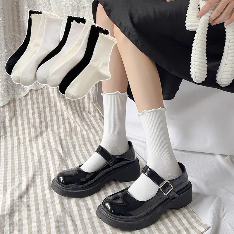 Set 5 Tất Cổ Cao Nữ Bèo Nhún, Vớ Bèo Nhún Nữ Cổ Cao Màu Trơn Basic Thời Trang Vintage Hàn Quốc M122 Women 4