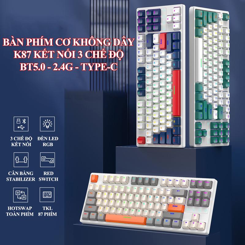 Bàn phím cơ K87 có Hot Swap 87 phím YellowSwitch Redswitch Cáp Type C rời nhỏ gọn chuyên chơi game làm việc văn phòng