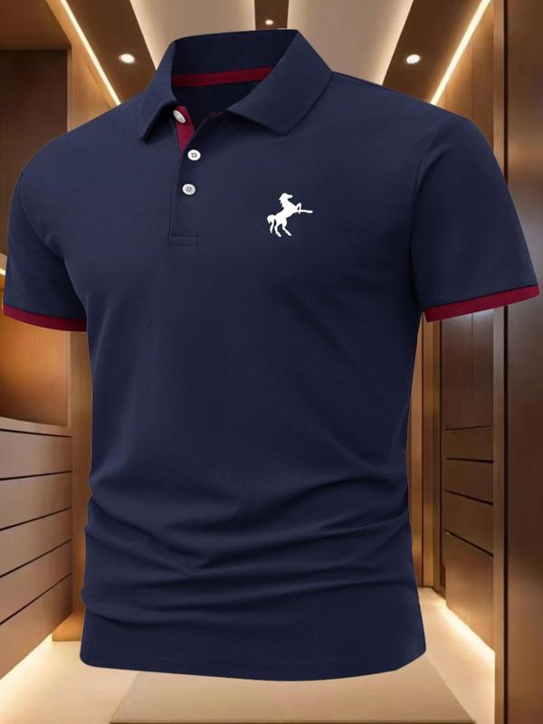 Men's Regular Fit Colorblock Horse Print Polo Shirt, Casual Short Sleeve Collared Top for Summer, Fashion Men's Clothes for Daily Wear, Menswear 6