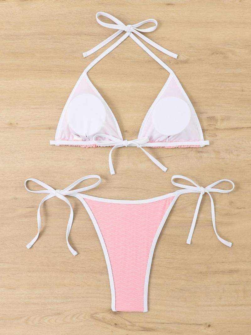 Product Introduction of Two-Piece Set Women's Boho Contrast Binding Bikini Swimsuit, Halter Neck Tie Back Triangle Swim Bra & Tie Side Swim Bottom, Ladies Summer Swimwear for Beach Holiday Vacation 16