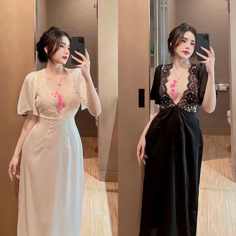Đầm Ngủ Nữ Tay Ngắn Phối Ren Thắt Nơ Eo Sexy Chất Lụa Latin Cực Sang Freesize Dress Váy Ngủ