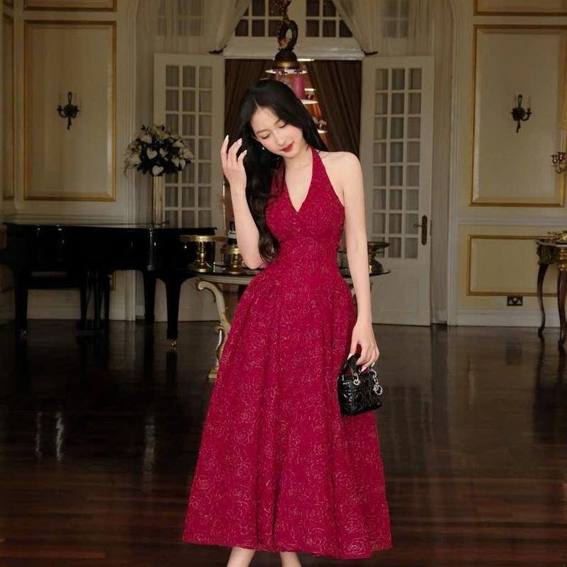 ĐẦM TƠ THÊU HOA ĐỎ KIM SA ĐI TIỆC, ĐU SỰ KIỆN, ĐI CHƠI, ĐẦM CỔ YẾM BLING BLING SANG CHẢNH LẤP LÁNH, ĐẦM TẾT, ĐẦM GIÁNG SINH, ĐẦM NOEL, ĐẦM TIỆC CUỐI NĂM CỰC XINH Women Dress Kim Tuyến 0