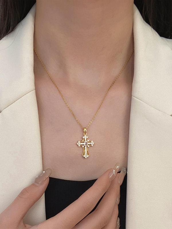 Elegant Artificial Zircon Cross Pendant Necklace for Women,  Fashion Jewelry for Party, Daily Clothing Decor, Trendy All-match & Exquisite Jewelry for Birthday Gift 3