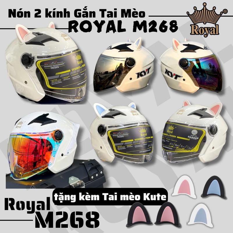 Nón bảo hiểm 3/4 royal m268 2 kính trắng bóng tặng tai mèo Helmet