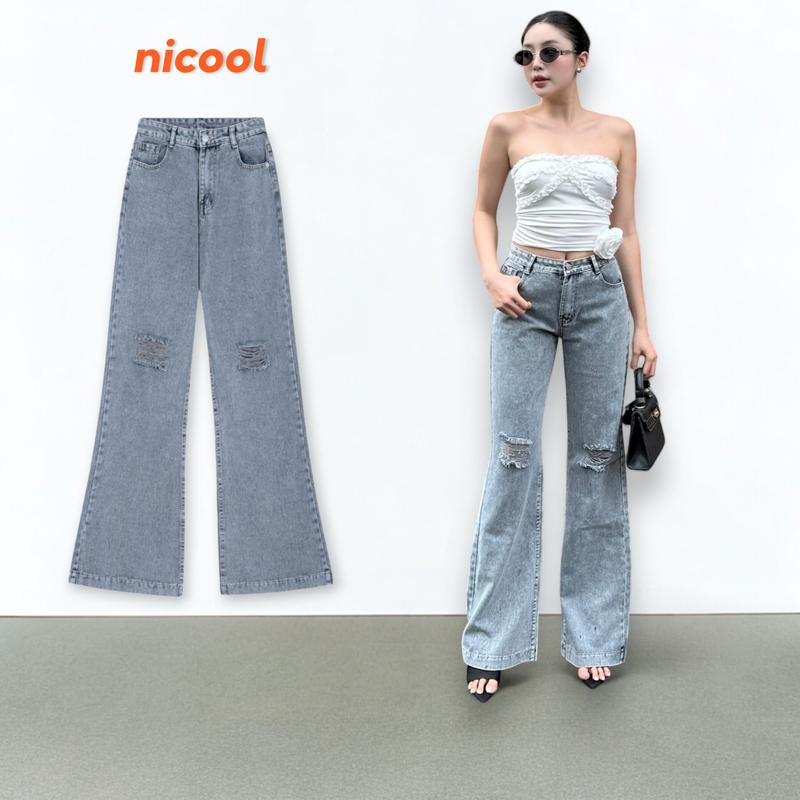 Quần Jean Nữ Ống Loe Đứng Ôm Eo Rách Gối Cá Tính Nicool N41-Q56 Women Denim Xám Pants
