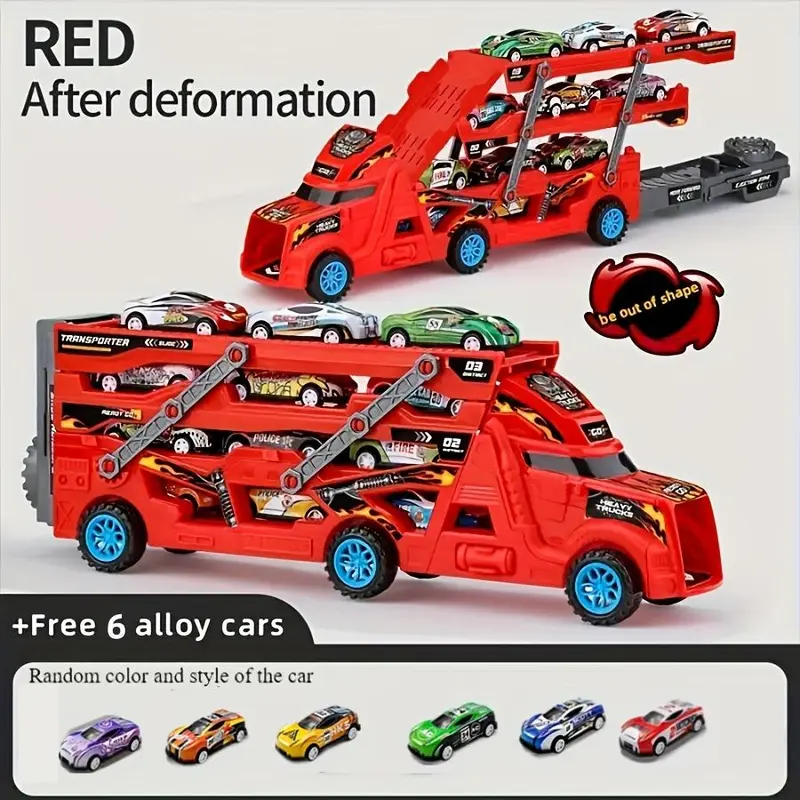 Transformer Ejection Truck Toy Set, 1 Set Foldable Transport Truck Toy Including 6 Counts Small Car Toy, Model Toy for Boys & Girls 6