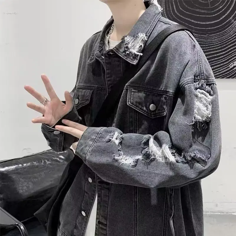 Áo khoác denim rách dành cho nam giới, Thương Hiệu Thời Trang rộng rãi, phong cách Hồng Kông, ngoại cỡ, Pu, áo khoác đẹp trai, đường phố cao cấp, giản dị, mùa xuân và mùa thu， Menswear， Jacket， Có Cổ