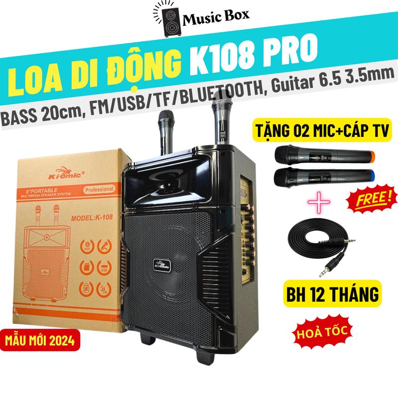 Loa Karaoke Bluetooth Di Động Vali Kéo Kiomic K108 Thùng Gỗ (Tặng Kèm 2 Micro Không Dây Hát Cực Hay)-Music Box