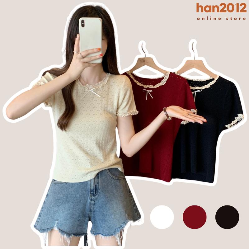 Áo mongtoghi coquette chất len mỏng trái tim, Áo baby tee đính nơ phối ren dáng ôm vừa cổ tròn cộc tay vải dệt kim Nữ Women Top Tua Rua
