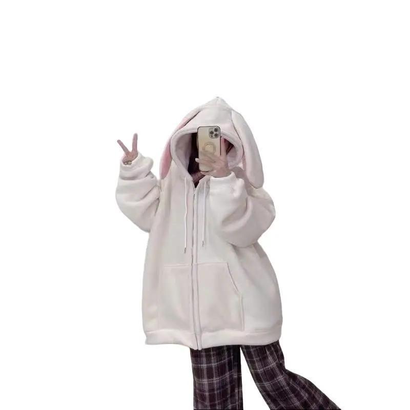 Áo khoác nữ chất nỉ ngoại tai thỏ hồng form rộng freesize m195