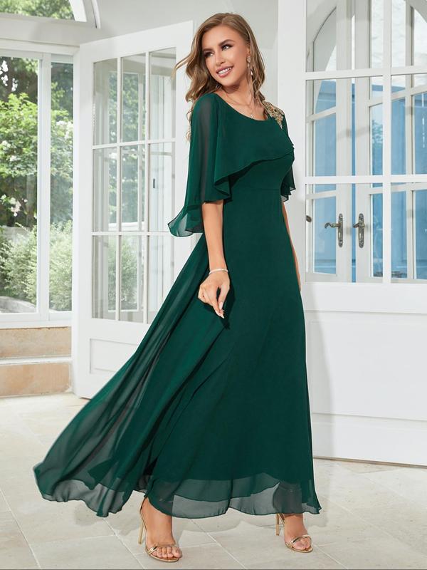 Women's Plain Cloak Sleeve Chiffon Evening Dress, Dresses Summer, Elegant Round Neck Half Sleeve Dress for Prom Wedding Guest, Ladies Summer Clothes 6