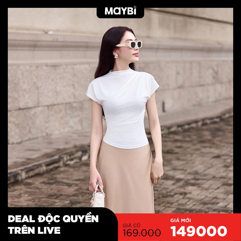 Áo thun ôm xếp ly vai hai màu thời trang Maybi Nữ Women Top Cổ Tròn Đen Đen