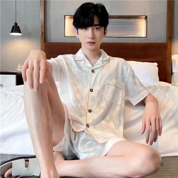 Bộ Đồ Ngủ Lụa Băng Kẻ Sọc Cho Nam, Phong Cách Hàn Quốc, Dáng Rộng, Thường Ngày, Ngắn Tay, 1 Bộ 5