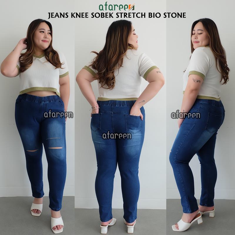 Afareen - Jeans Pinggang Karet Jumbo Ripped Celana Jeans Sobek Wanita Knee Legging Jeans Jumbo Size 31-43 7