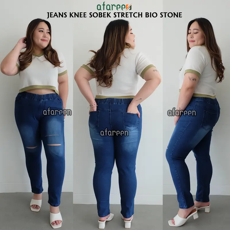Afareen - Jeans Pinggang Karet Jumbo Ripped Celana Jeans Sobek Wanita Knee Legging Jeans Jumbo Size 31-43 6