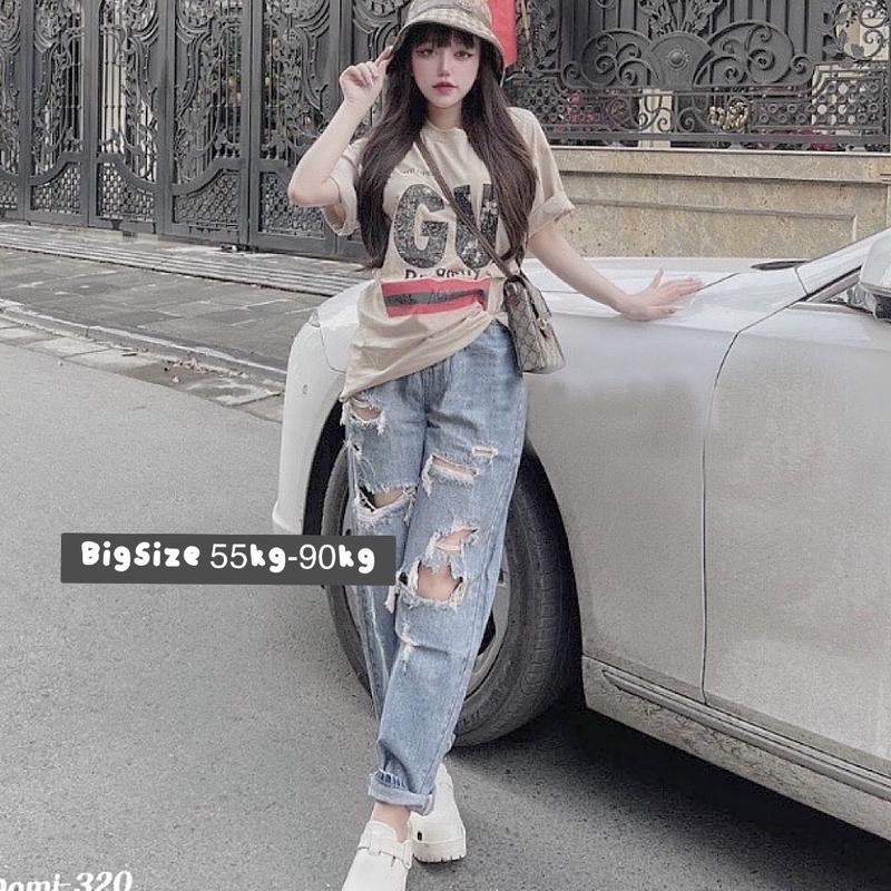 Quần Baggy Jeans Nữ BigSize Rách Tua Màu Xanh Đá, Cạp Cao, Không Giãn Women Pants